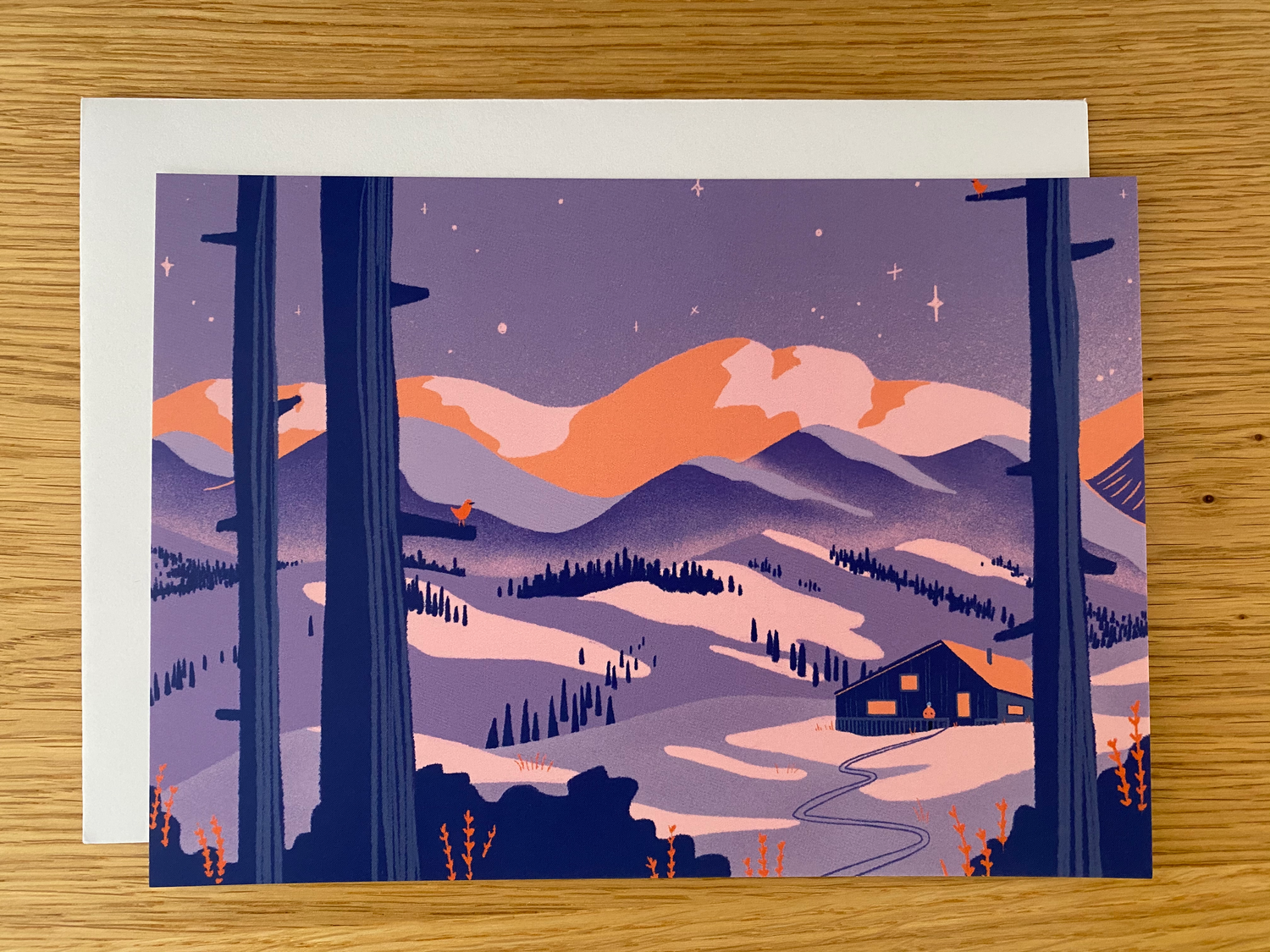 Cabin in Mountain postcard scene by Annika Layne - Part of Alpine Glow postcard set
