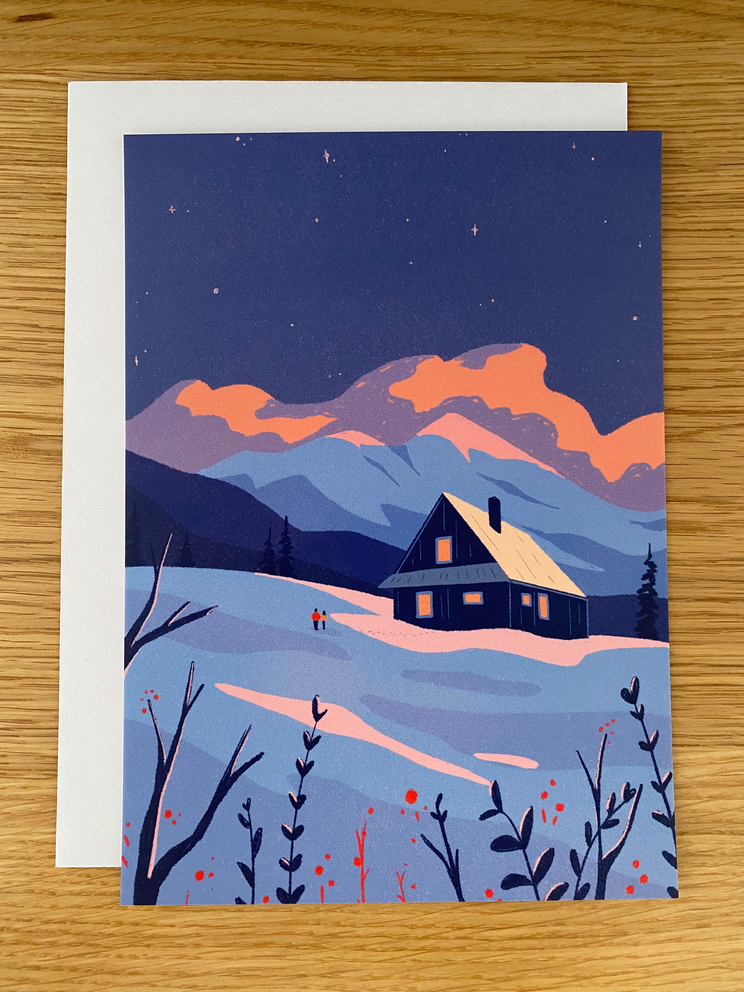 Postcard from Alpine Glow collection from Annika Layne, mountain cabin scene