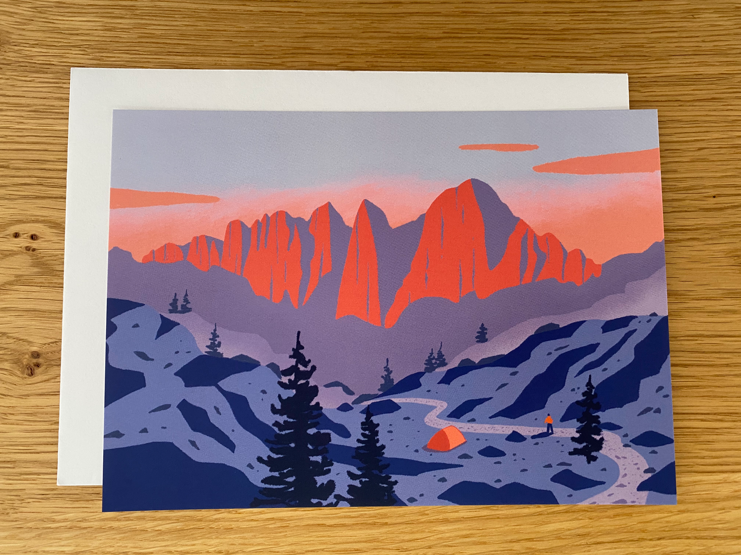 Mountain backcountry camping postcard scene by Annika Layne - Part of Alpine Glow postcard set