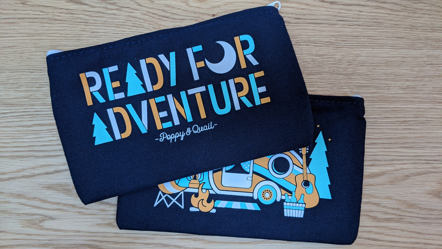 Ready for Adventure travel pouch with camping scene