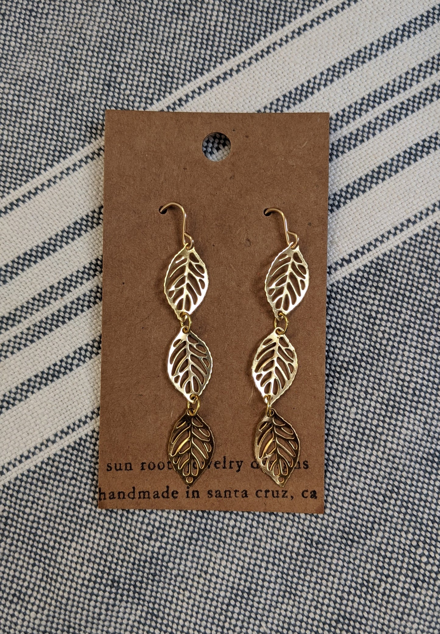 Triple leaf drop brass earrings by Sunroots Jewlery