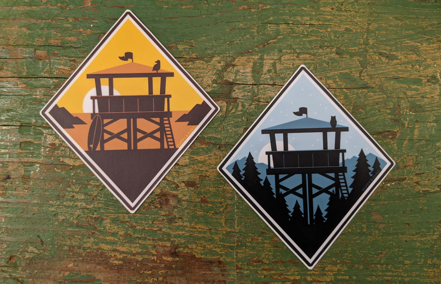 Lookout sticker series by Poppy & Quail in diamond shape with sunset lifeguard stand scene and nighttime fire lookout scene
