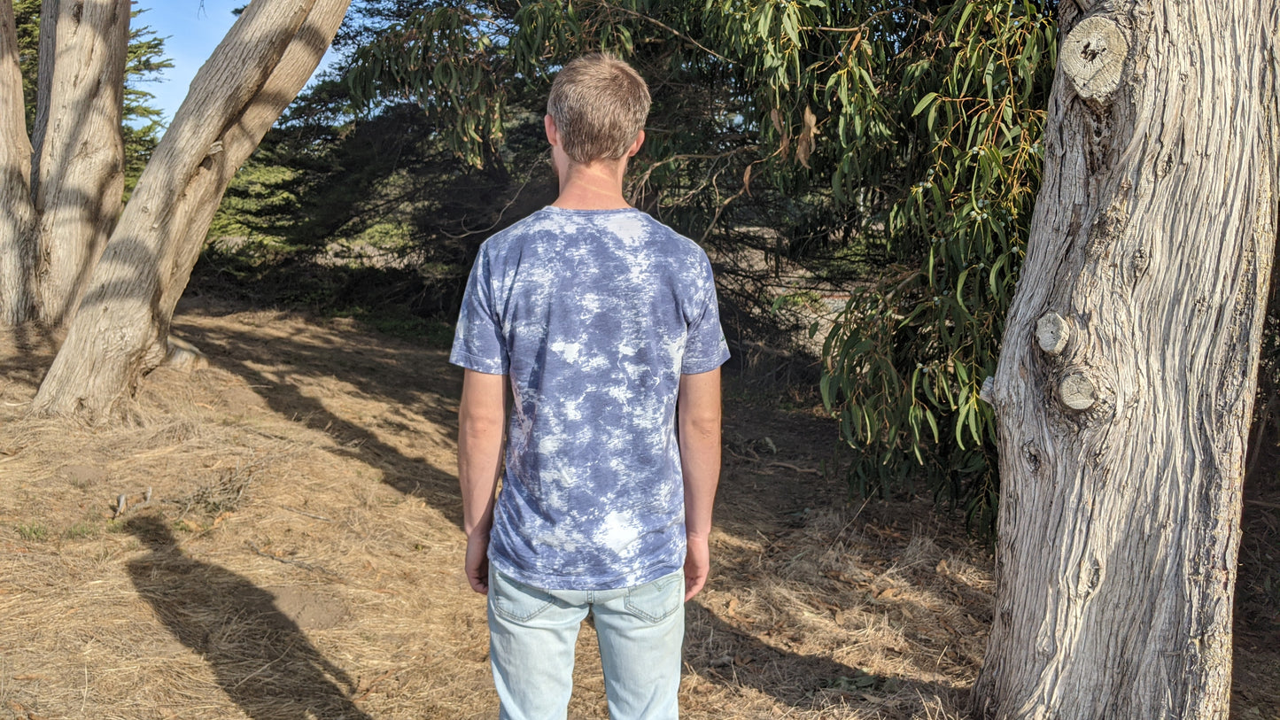 Back of blue and white tie dye shirt