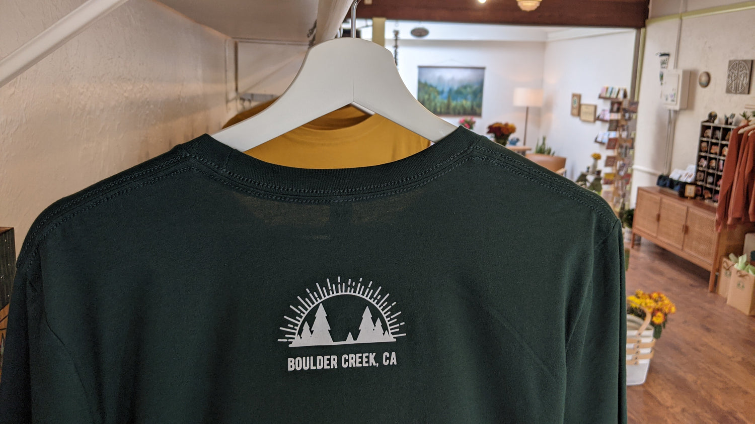 Green shirt back with Boulder Creek, CA and Present logomark