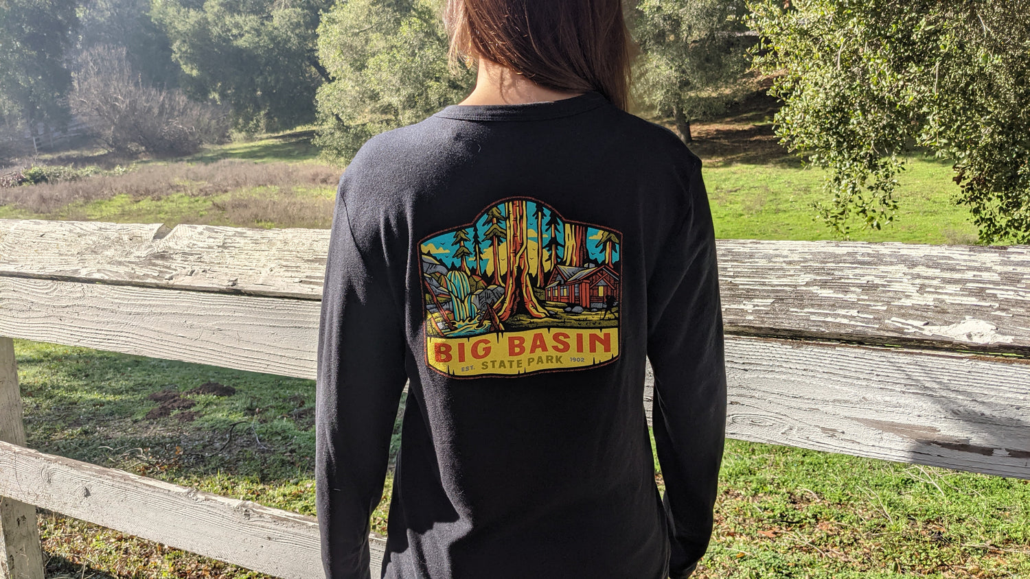 Long sleeve black shirt with Big Basin design on back,  created by Jackie from Present