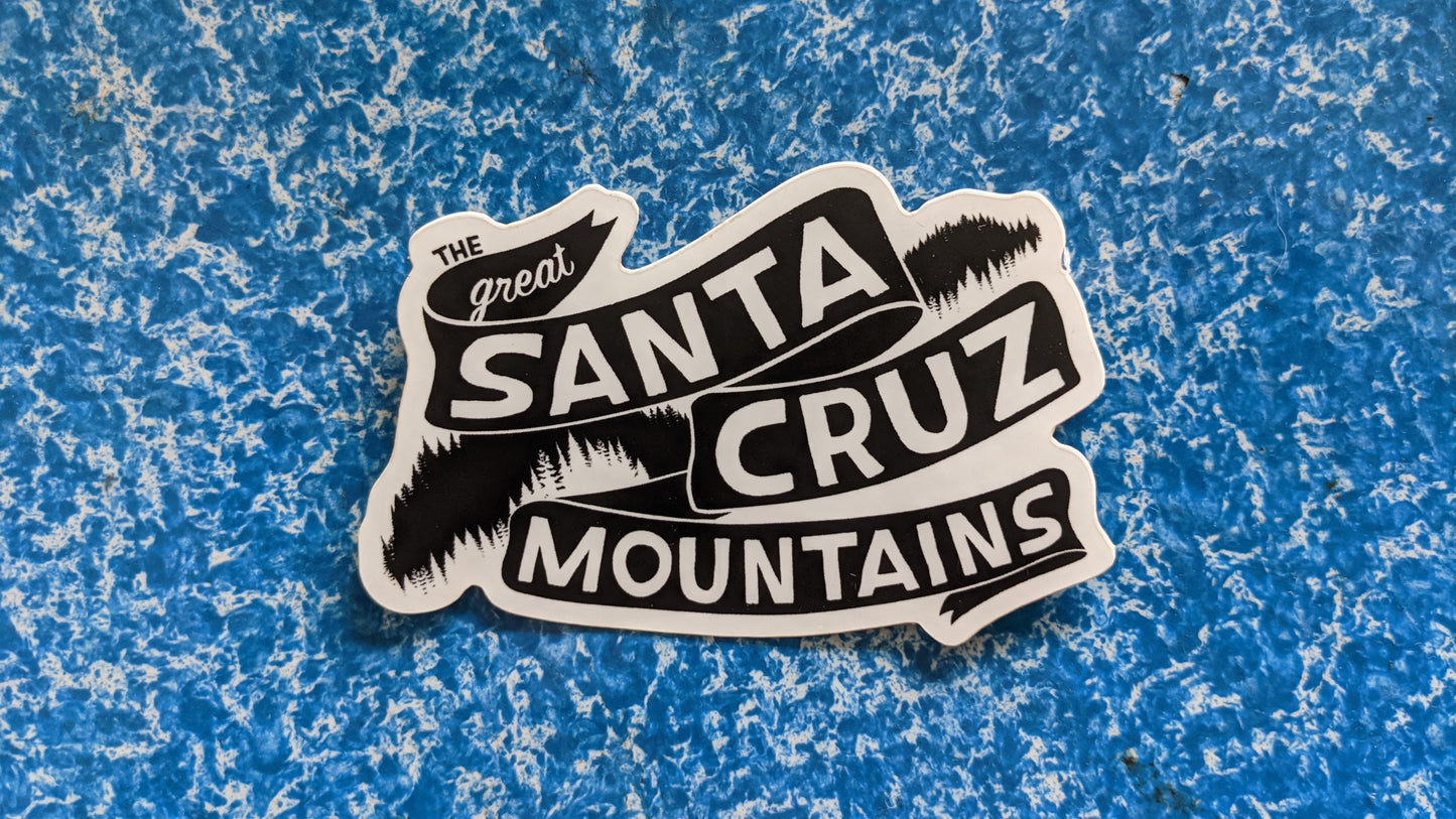 Great Santa Cruz Mountains banner logo sticker in black and white