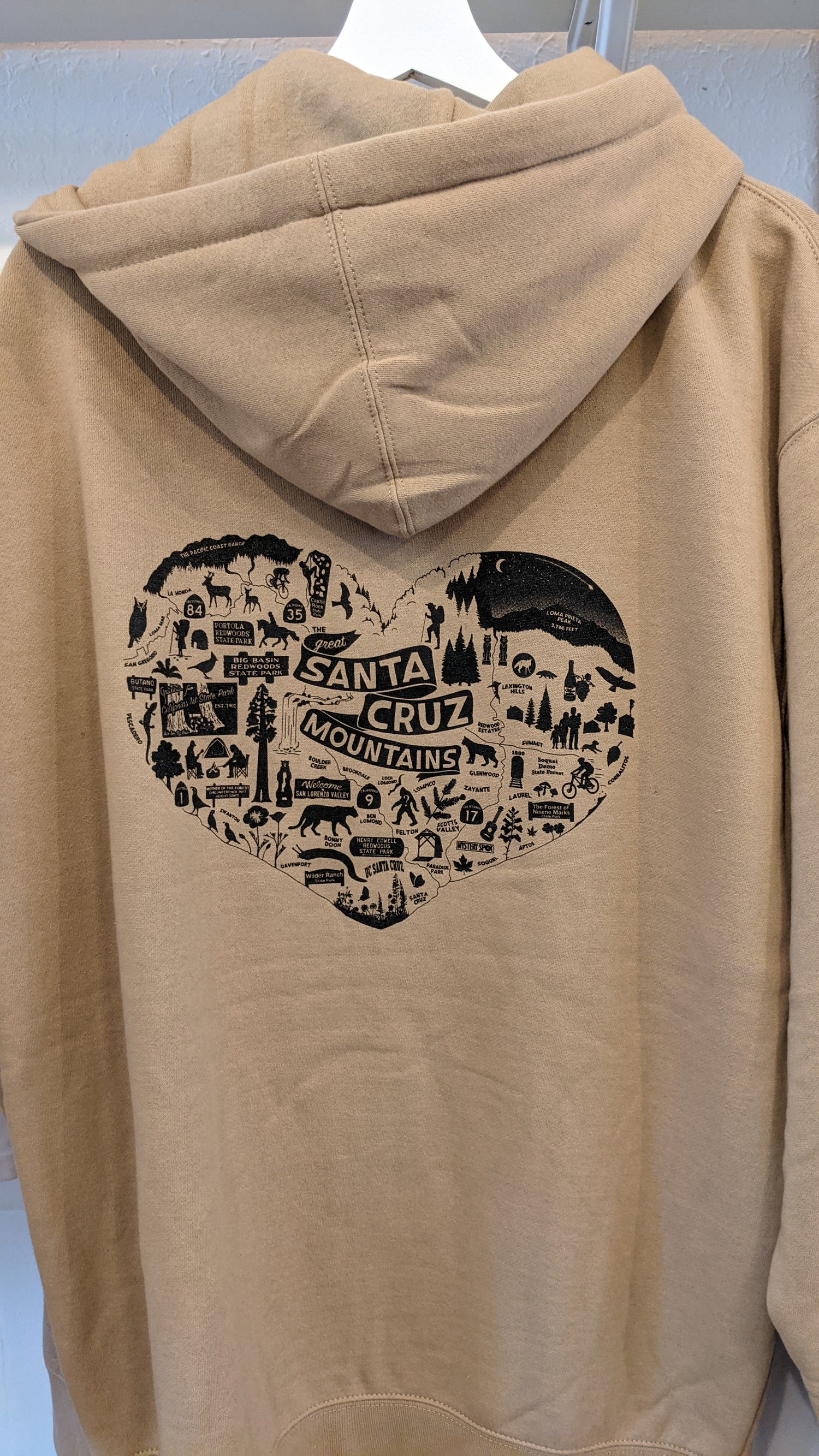 Brown hoodie with heart design on back by Great Santa Cruz Mountains