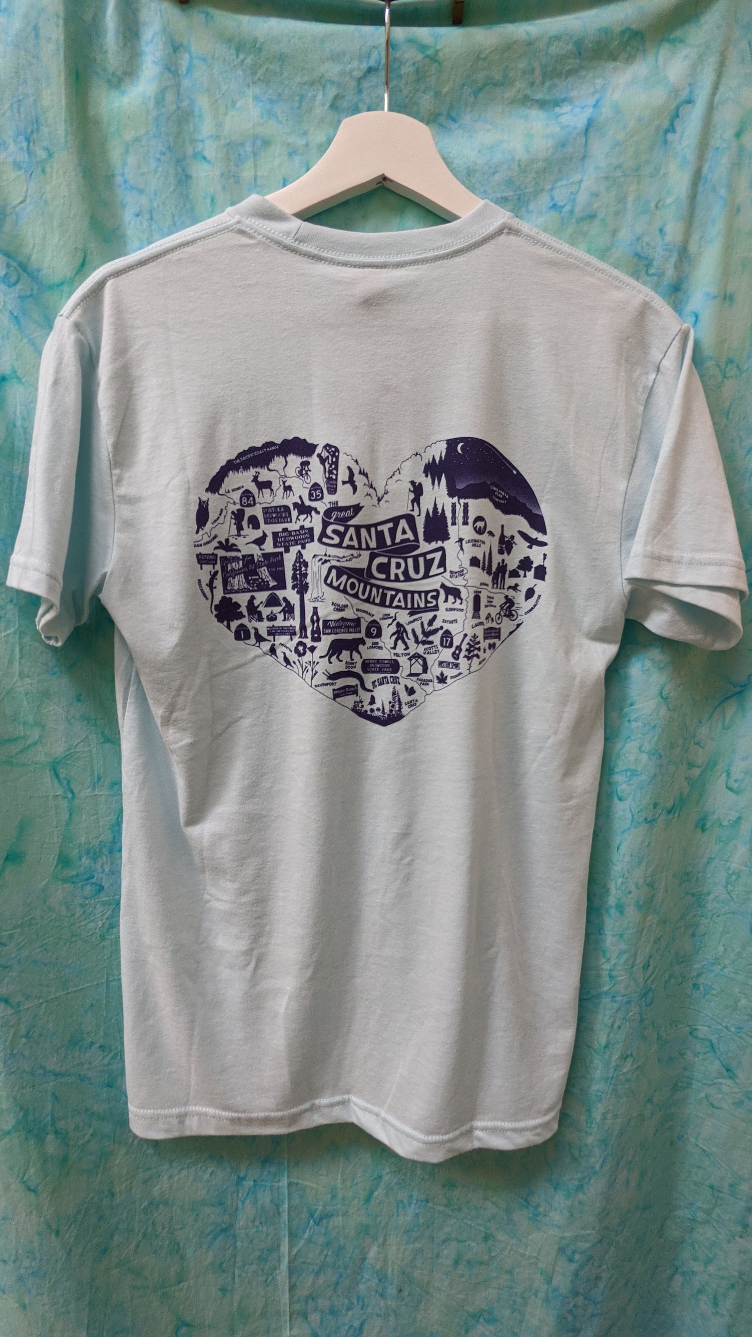 Heart design on back of Ice Blue shirt by Great Santa Cruz Mountains