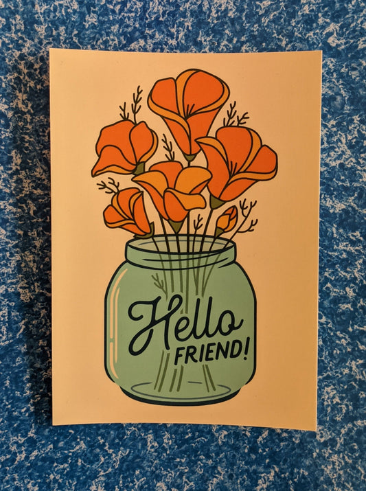 Hello Friend! Mason Jar with poppies postcard by Poppy & Quail