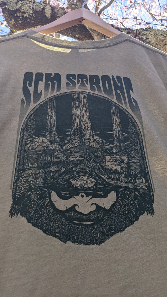 SCM Strong shirt in Army Green by Nicky Gatson, up close on design