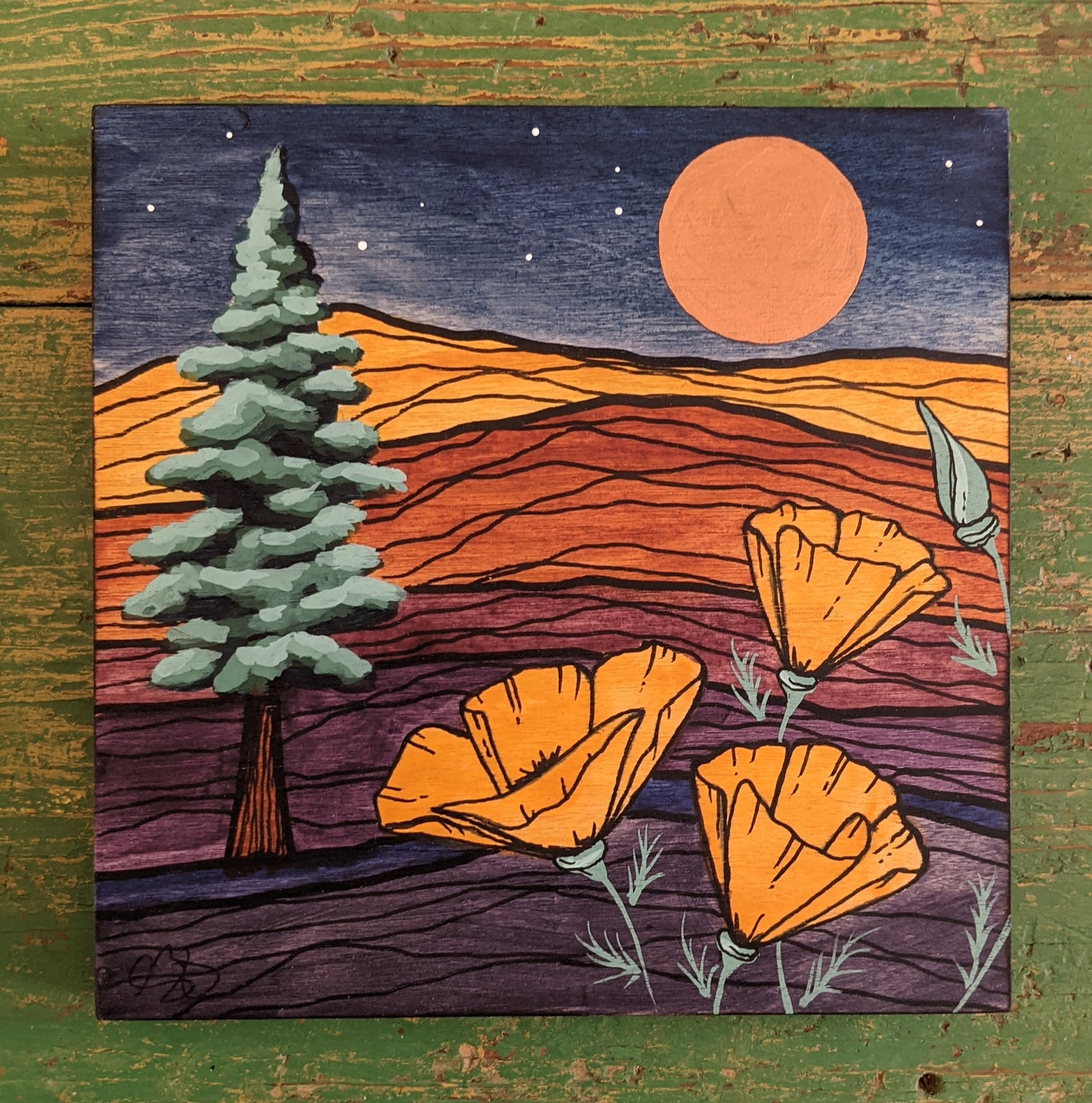 Mountain scene with redwood and poppies in full moon painting, by Skavenge Art