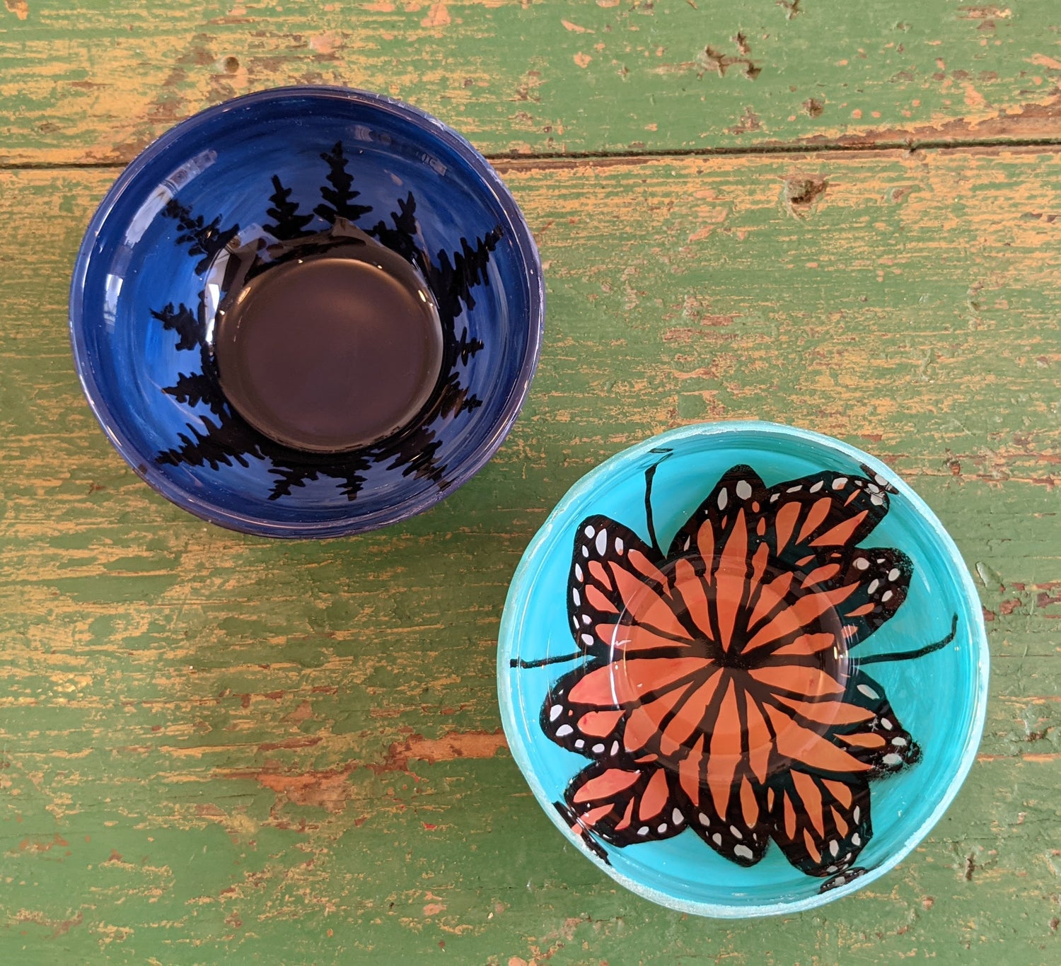 Mini painted bowls, night forest and monarch designs, by Skavenge Art