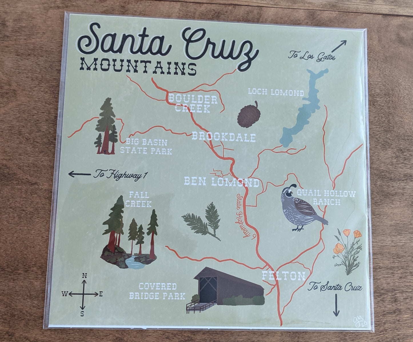 Santa Cruz Mountains California illustrated map print by Pau Hana Designs