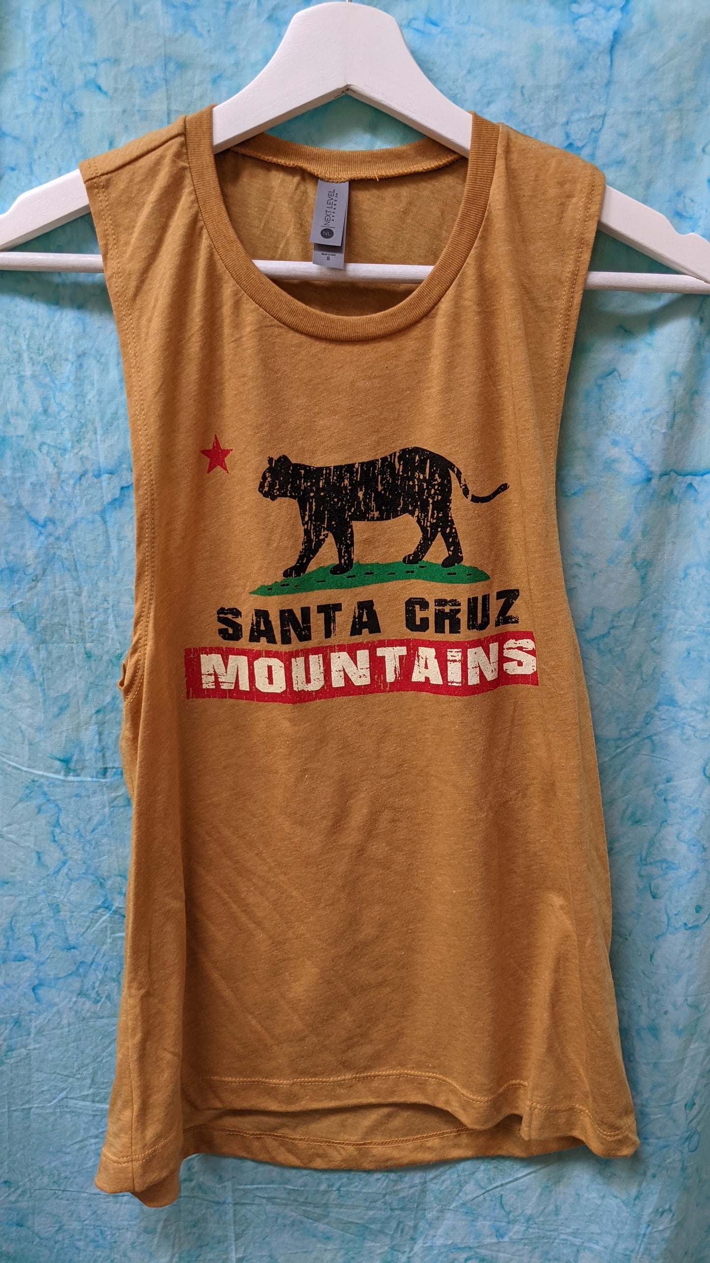Mustard tank top with mountain lion reading "Santa Cruz Mountains", by SCM Clothing
