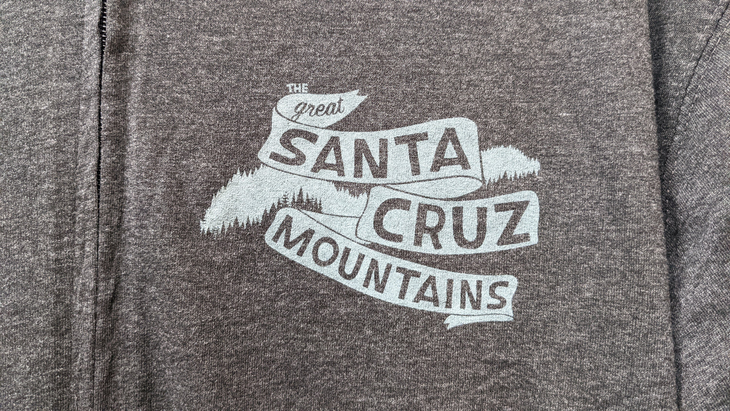 Front design of dark gray zip up hoodie by Great Santa Cruz Mountains