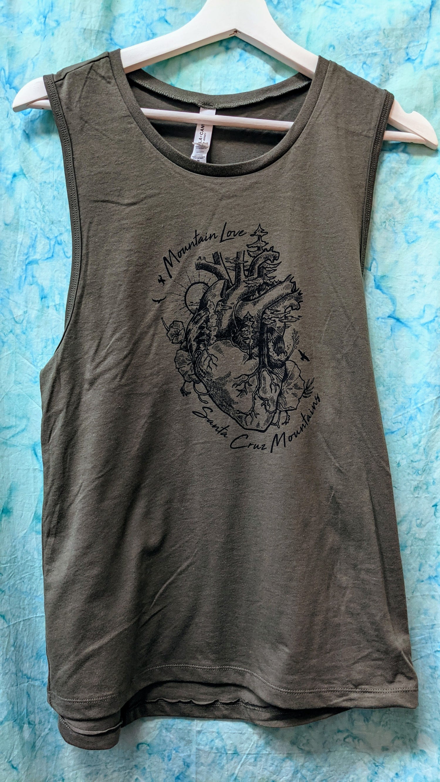 Olive tank with Mountain love forest heart design, by SCM Clothing