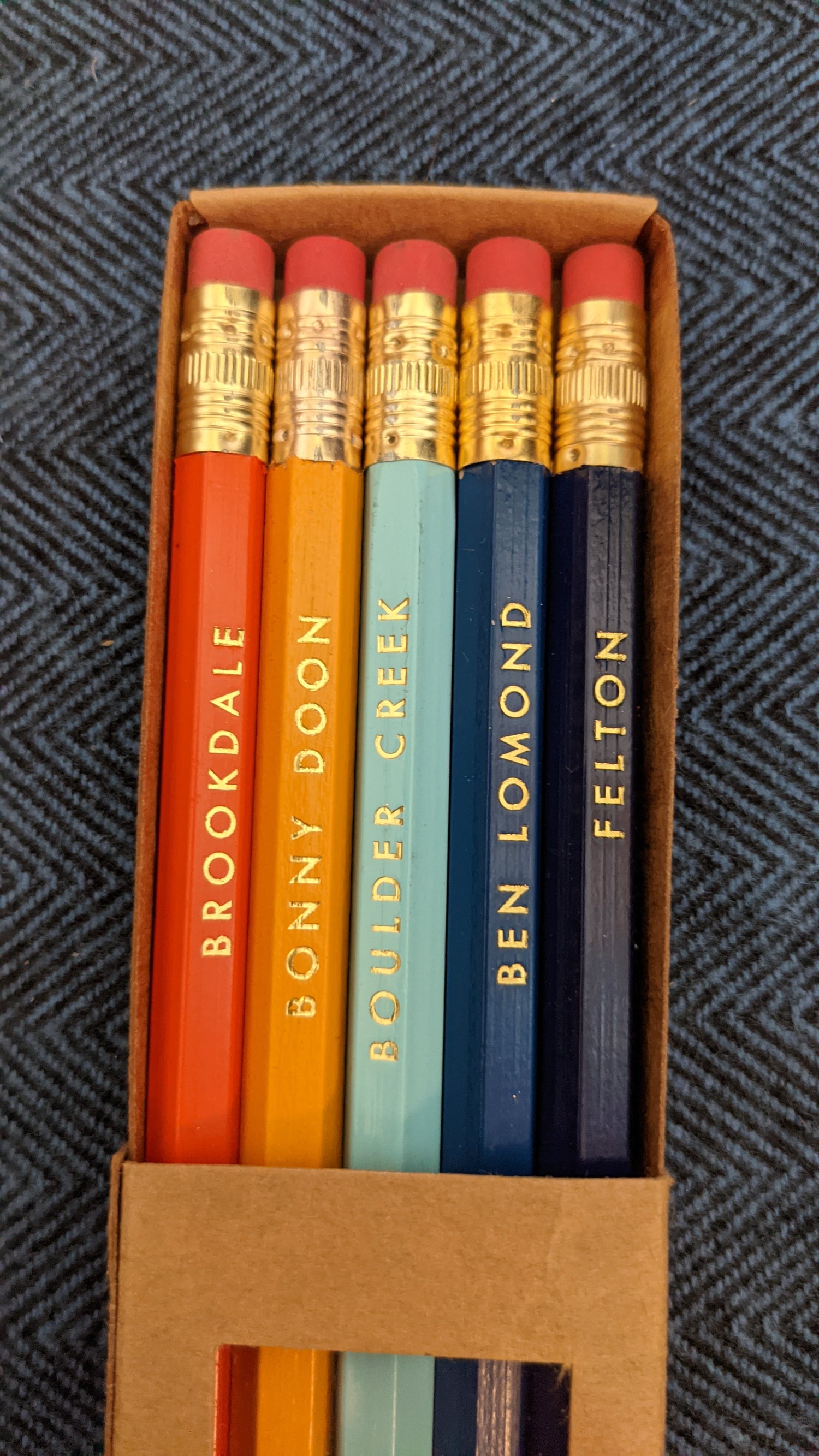 Pencil set that presents San Lorenzo Valley by Pau Hana Designs, includes Brookdale, Bonny Doon, Boulder Creek, Ben Lomond and Felton