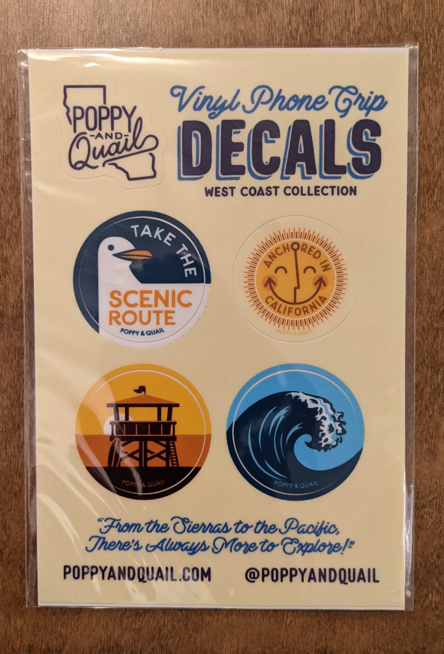 Vinyl phone grip sticker set, with four designs in the West Coast Collection by Poppy & Quail