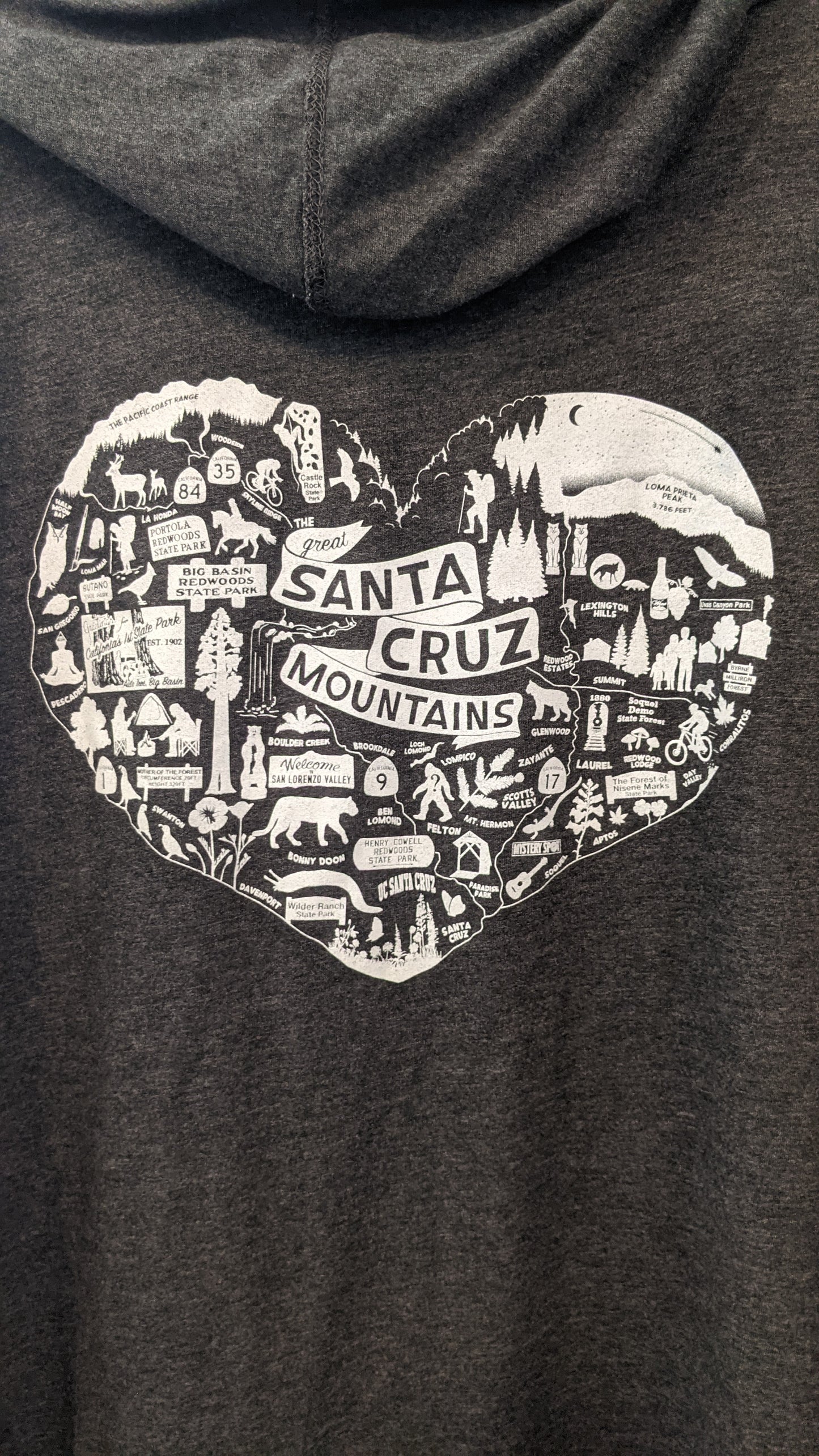 White heart design on dark gray hoodie by Great Santa Cruz Mountains
