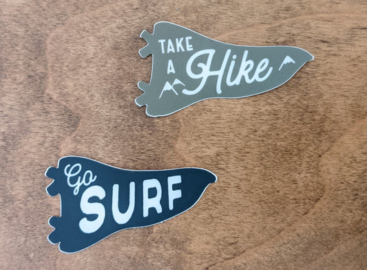 Mini pennant stickers Go Surf in Navy and Take a Hike in green by Pau Hana Designs