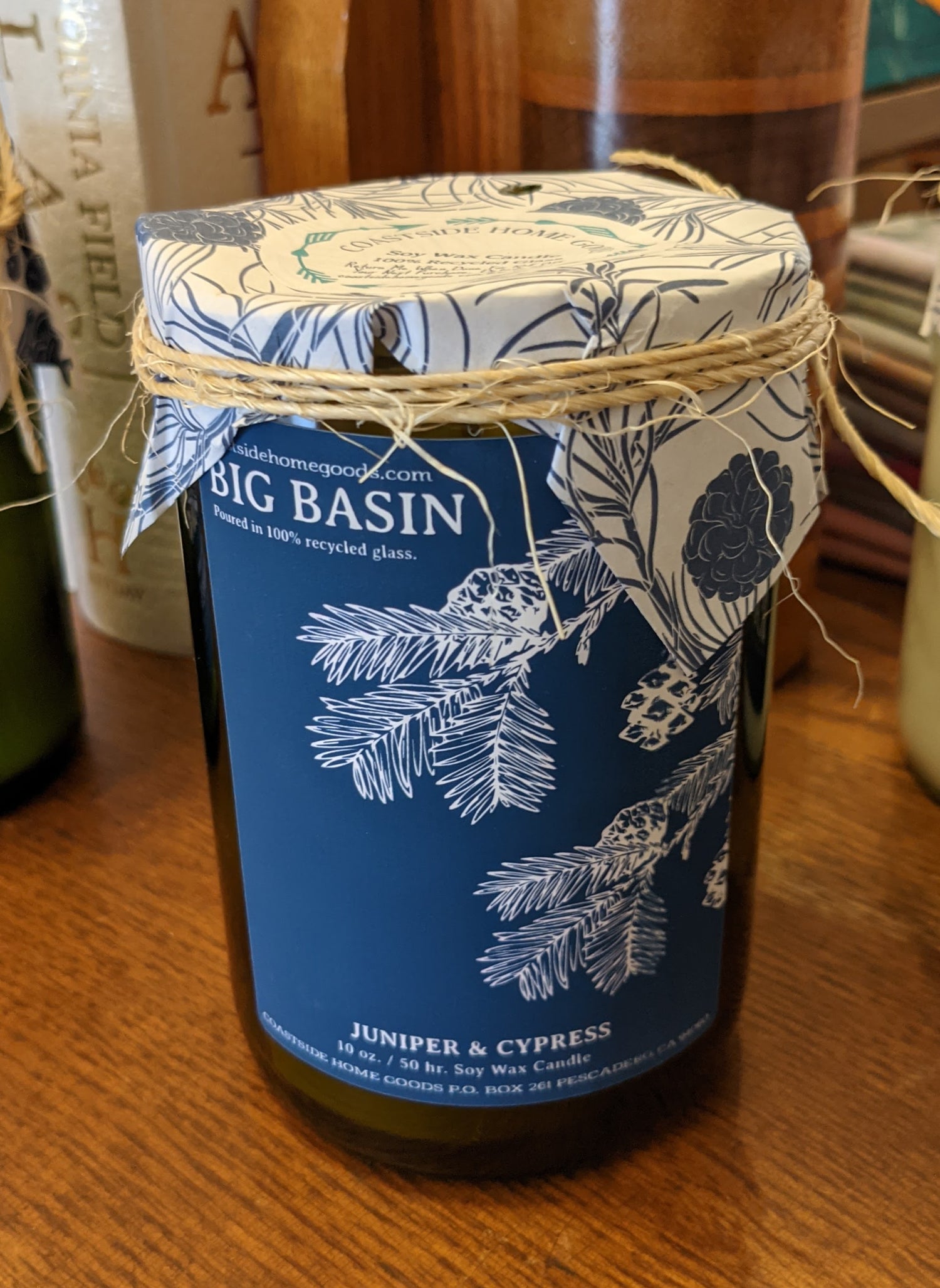Big Basin candle with Juniper and Cypress scent in recycled wine bottle by Coastside Homegoods