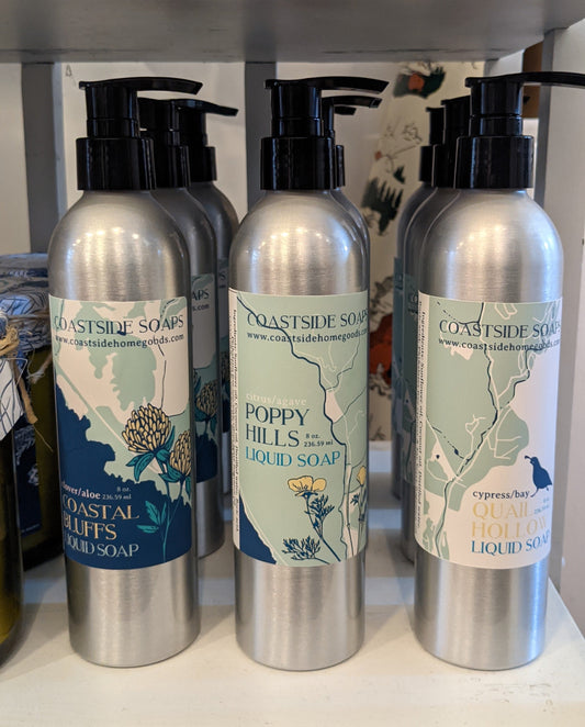 Variety of scents Liquid Hand soap in reusable aluminum bottles by Coastside Homegoods