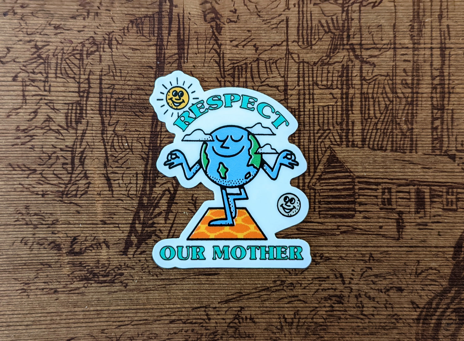 Respect our Mother sticker with peaceful Earth, Sun and Moon
