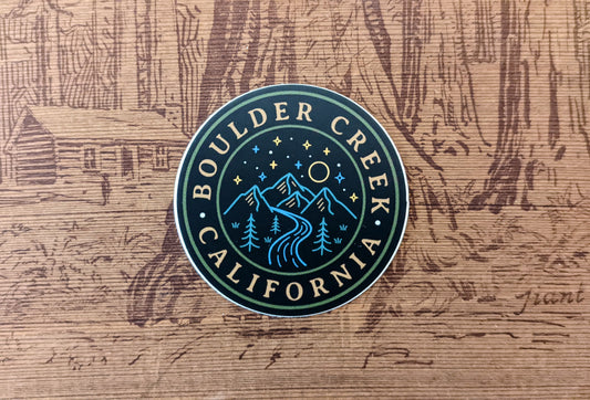 Round Black sticker with Boulder Creek, California words and nighttime mountain scene