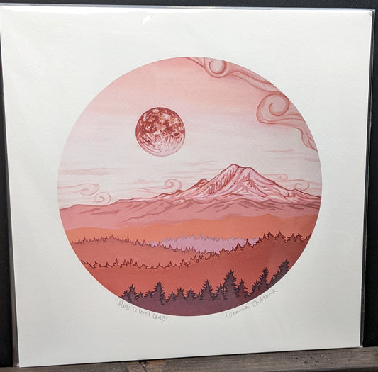 Round Rose Colored Lens full moon mountainscape art print by Gianna Andrews
