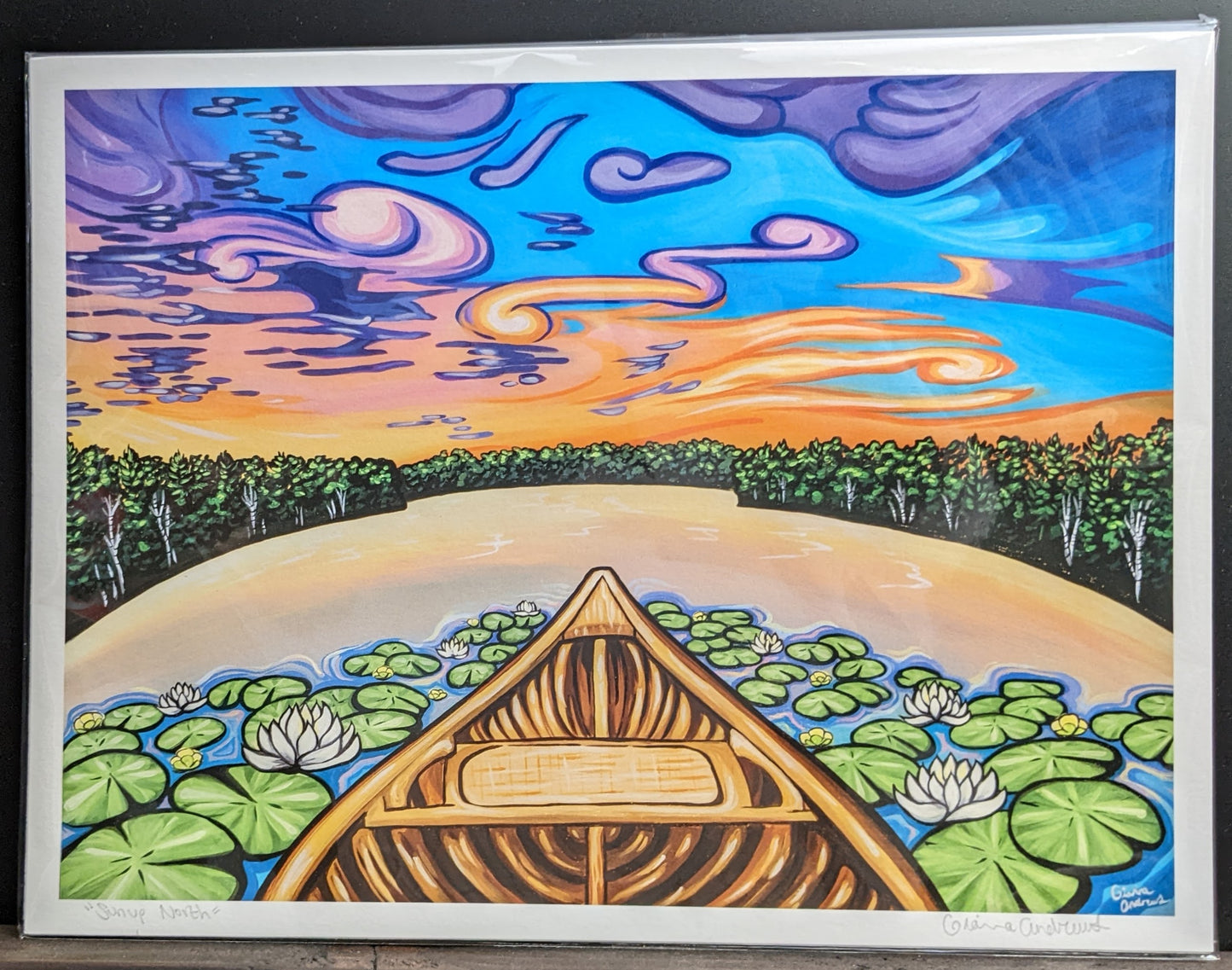 Sunup North canoe on lilypad lake scene art print by Gianna Andrews