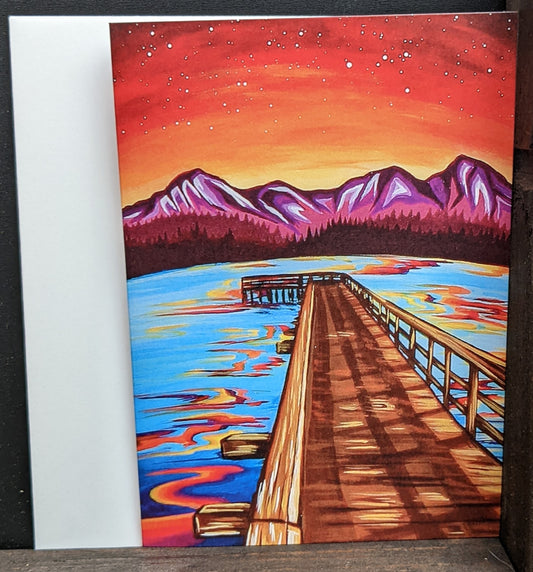 Off the deep end colorful mountain lake dock scene stationery by Gianna Andrews