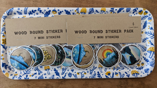 Wood Round sticker pack of 7 mini stickers of art on wood by Gianna Andrews