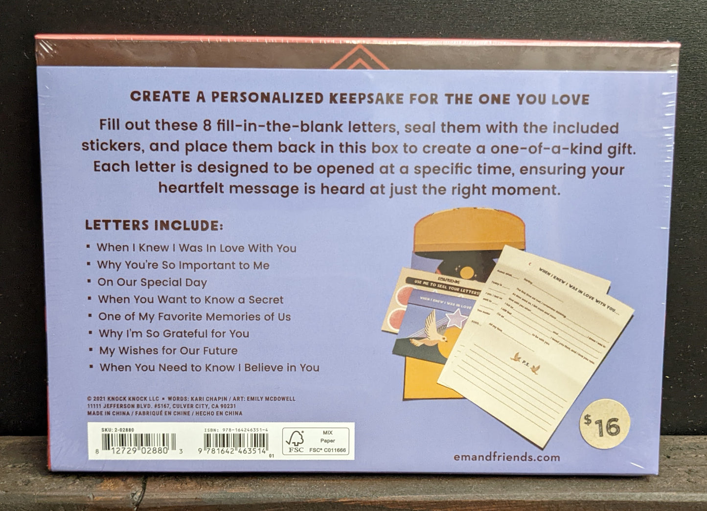 Back of Box of Love: Letters from Me to You by Emily McDowell with details on what's included inside