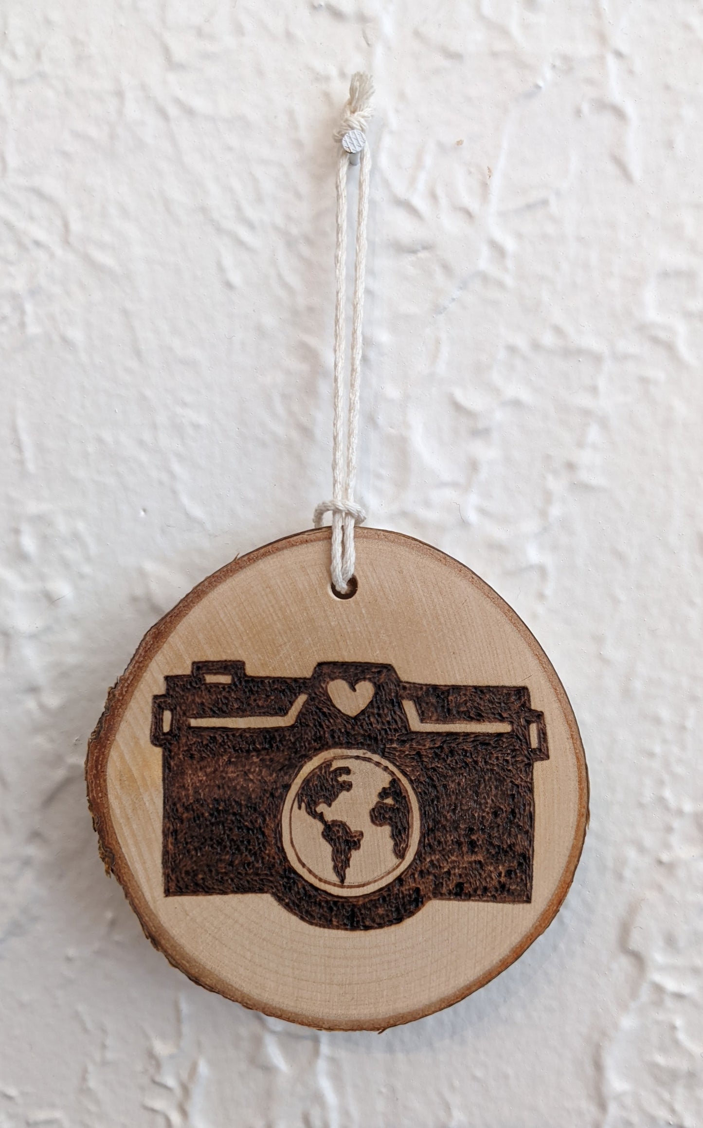 Wood burned Art by Wood Wanderlust ornament with world view camera