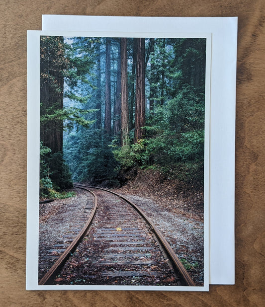 Local photography card by Sean McLean with white envelope, design of redwood railroad tracks