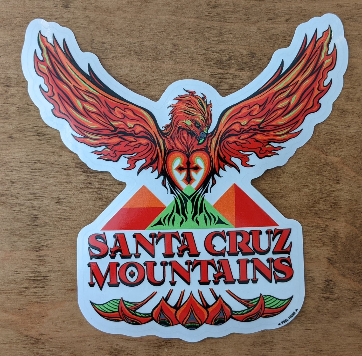 Rising Phoenix decal reading" Santa Cruz Mountains" designed by Joe Fenton, produced by Rugged Coast