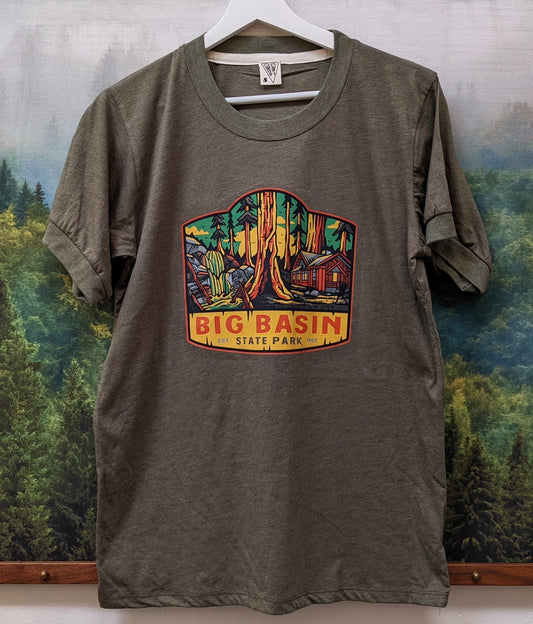 Olive Ringer Camp Collection TShirt with Big Basin graphic design