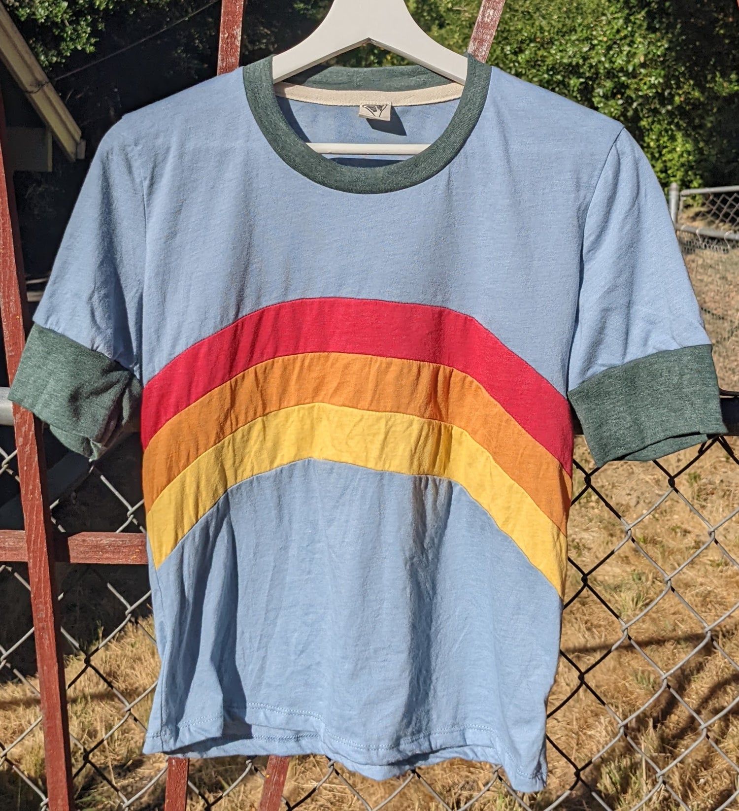 Blue and green shirt by Camp Collection with rainbow on front,  created by Jackie from Present