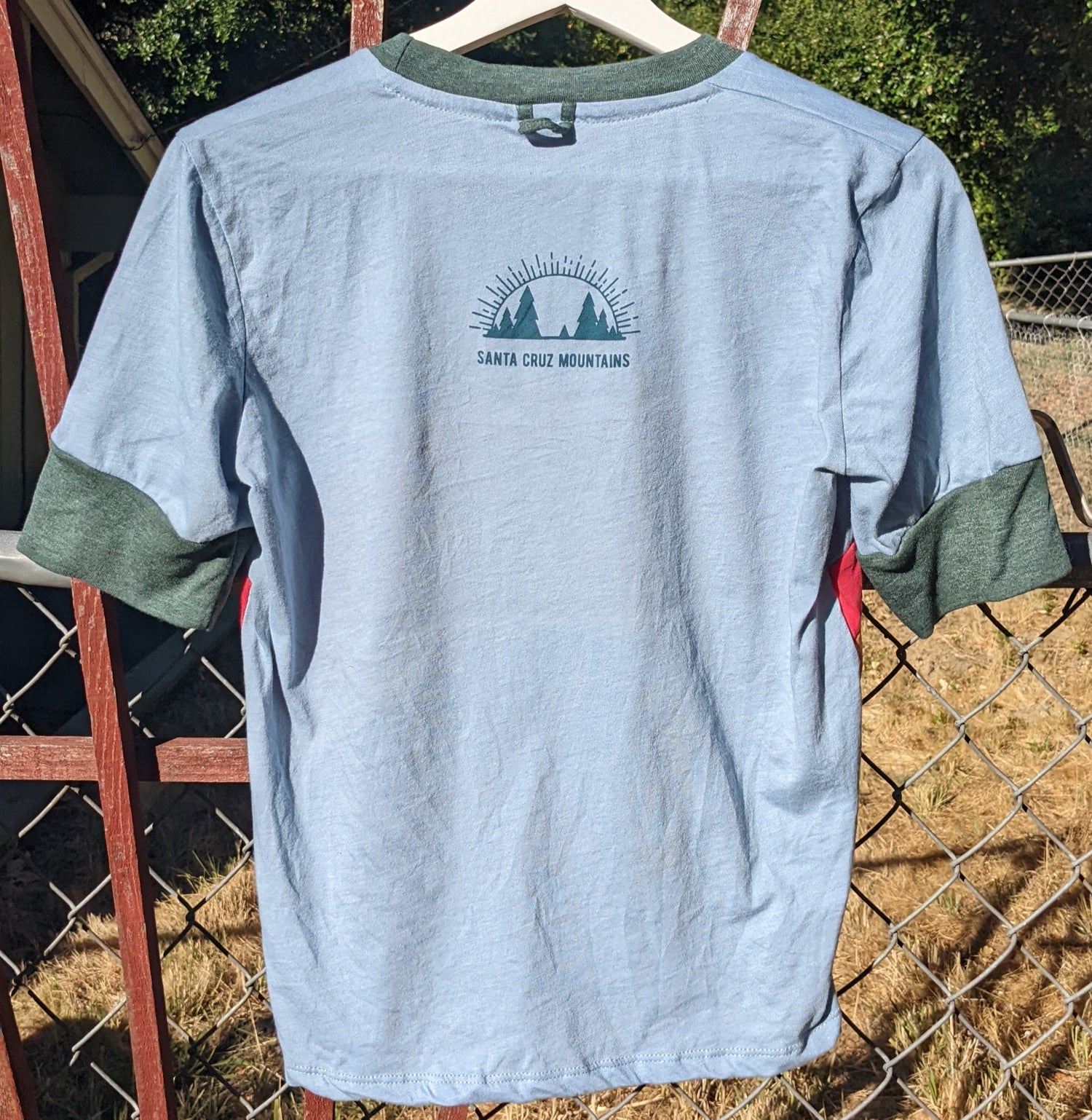Blue and green shirt by Camp Collection with Santa Cruz Mountains logo mark on back,  created by Jackie from Present