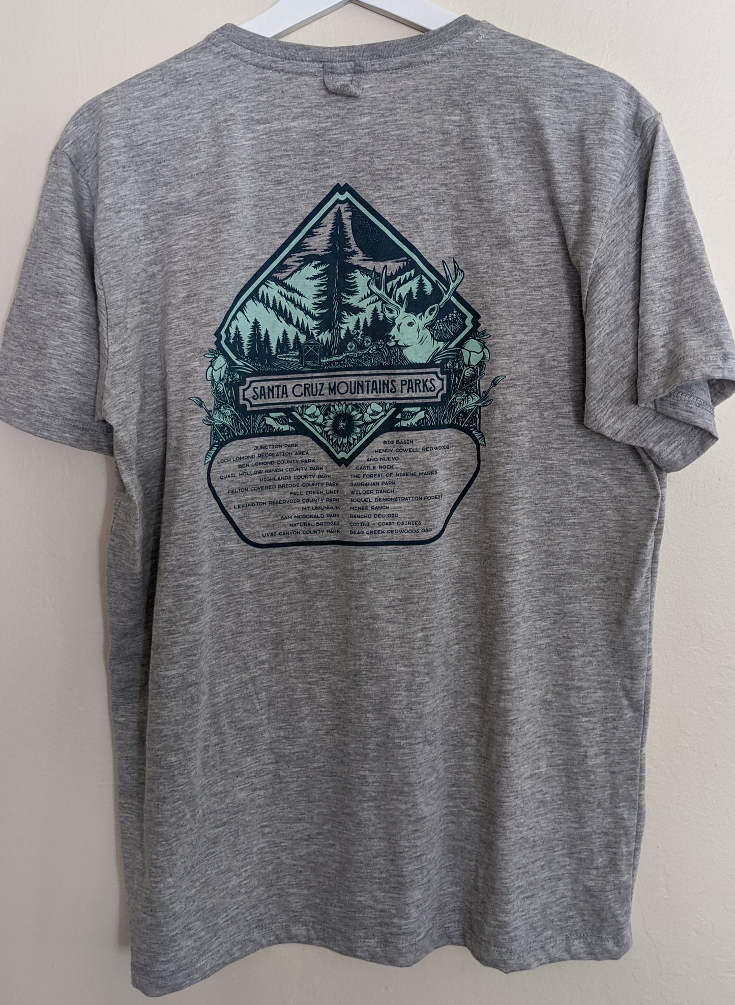 Gray Camp Collection shirt with Santa Cruz Mountains Parks design by Nicky Gatson,  created by Jackie from Present