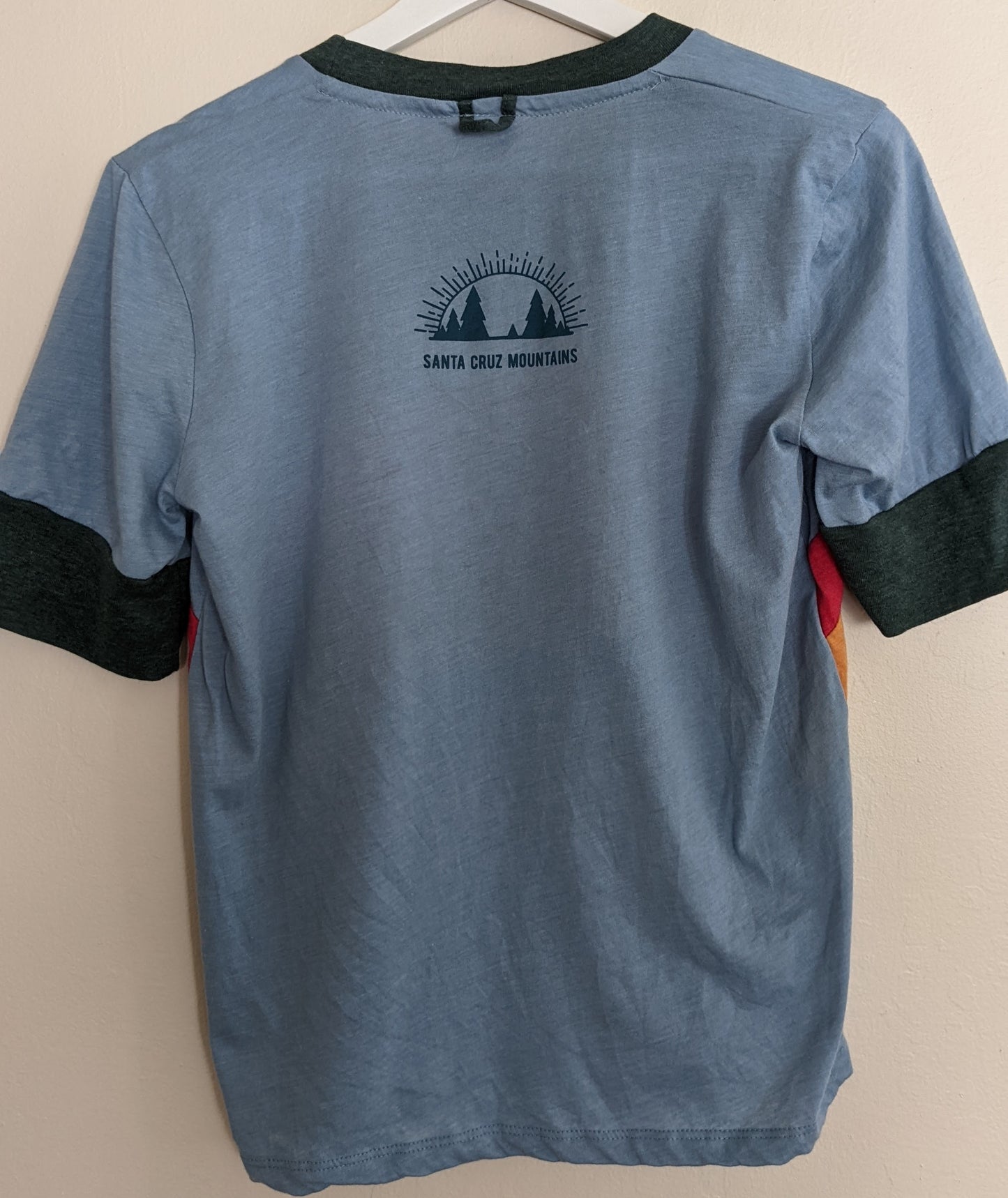 Blue and green shirt by Camp Collection with Santa Cruz Mountains Present logo mark design on back,  created by Jackie from Present