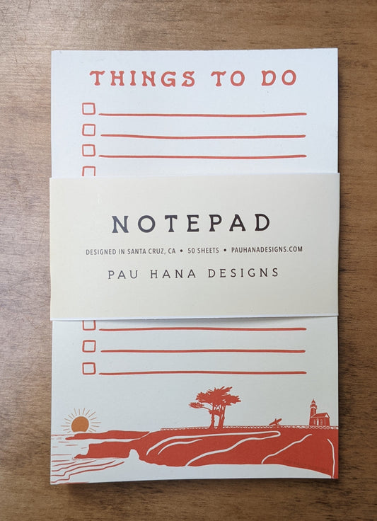 Red and white Things to Do Santa Cruz notepad by Pau Hana Designs