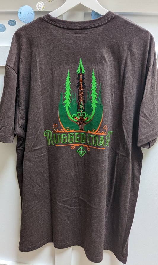Brown redwood trident design shirt back, by Rugged Coast