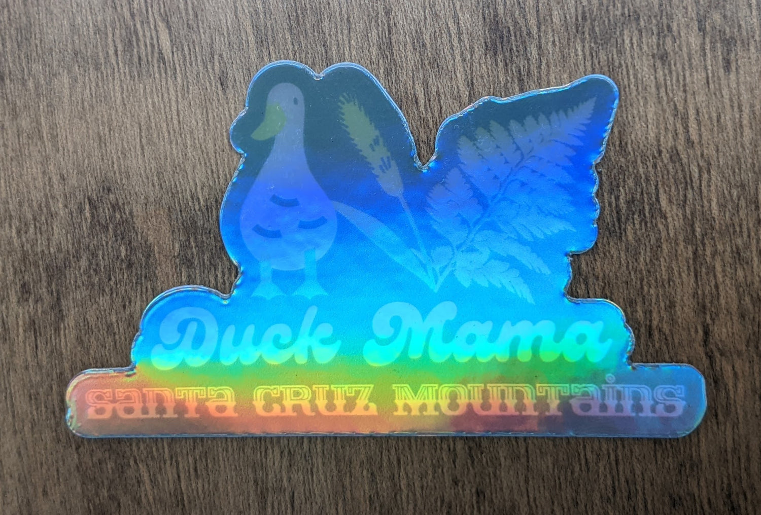 Mountain Talk holographic sticker reading Duck Mama Santa Cruz Mountains