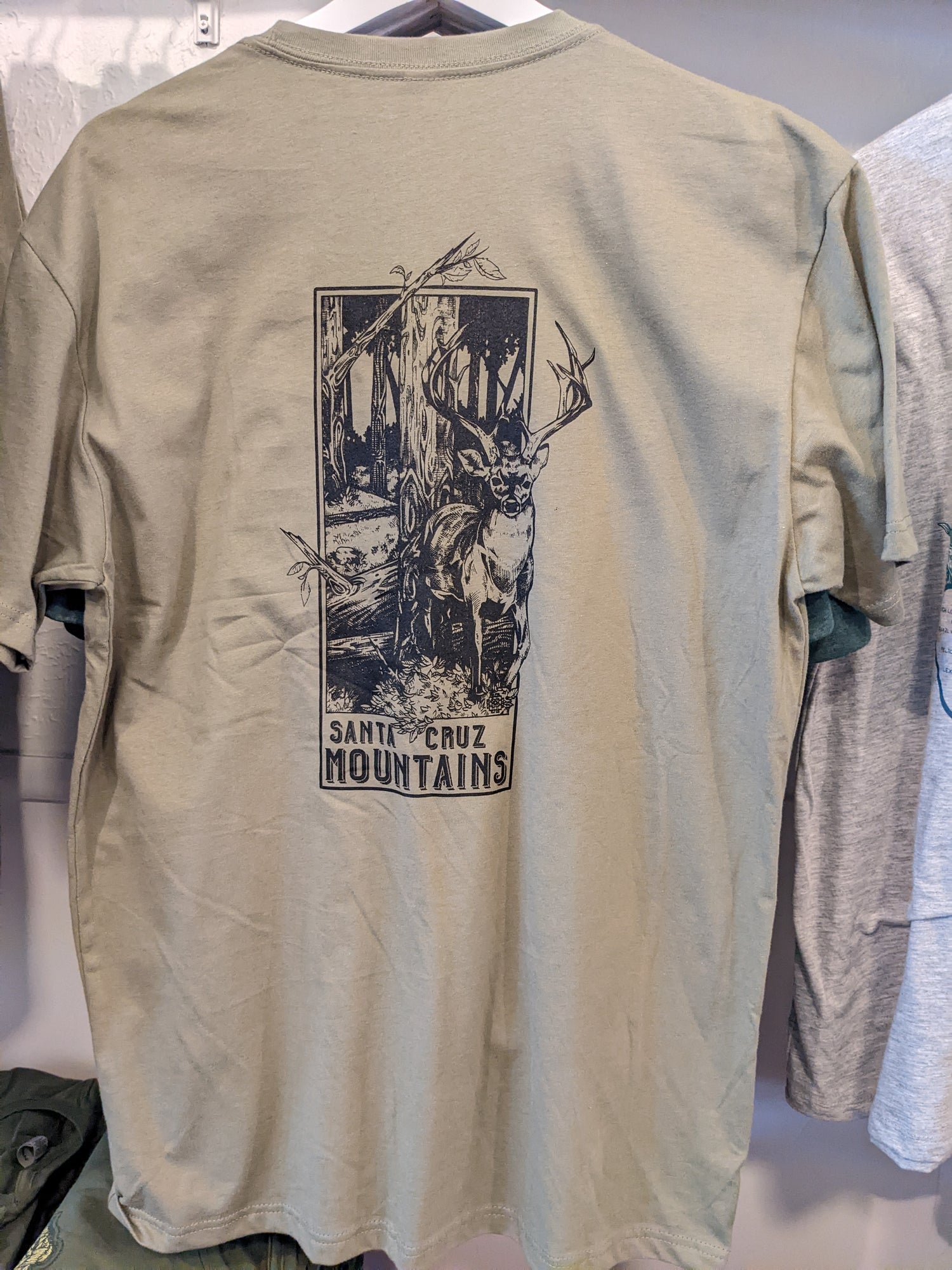 Santa Cruz Mountains shirt back with deer in olive by SCM Clothing