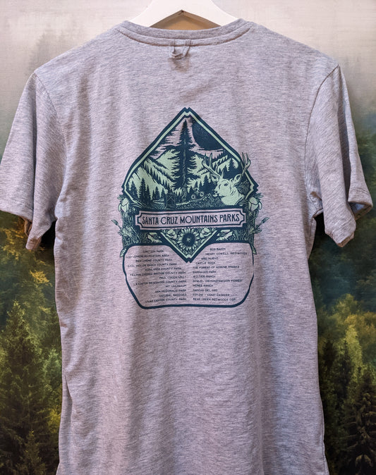 Gray Camp Collection shirt with Santa Cruz Mountains Parks design by Nicky Gatson,  created by Jackie from Present