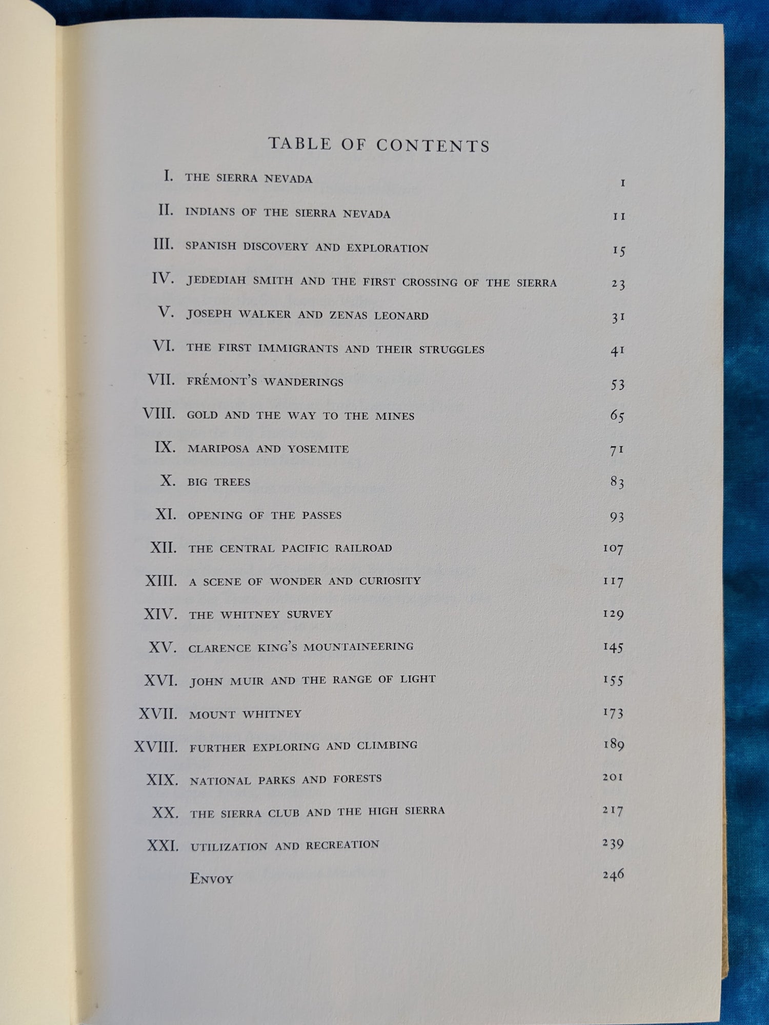 History of the Sierra Nevada vintage book contents page