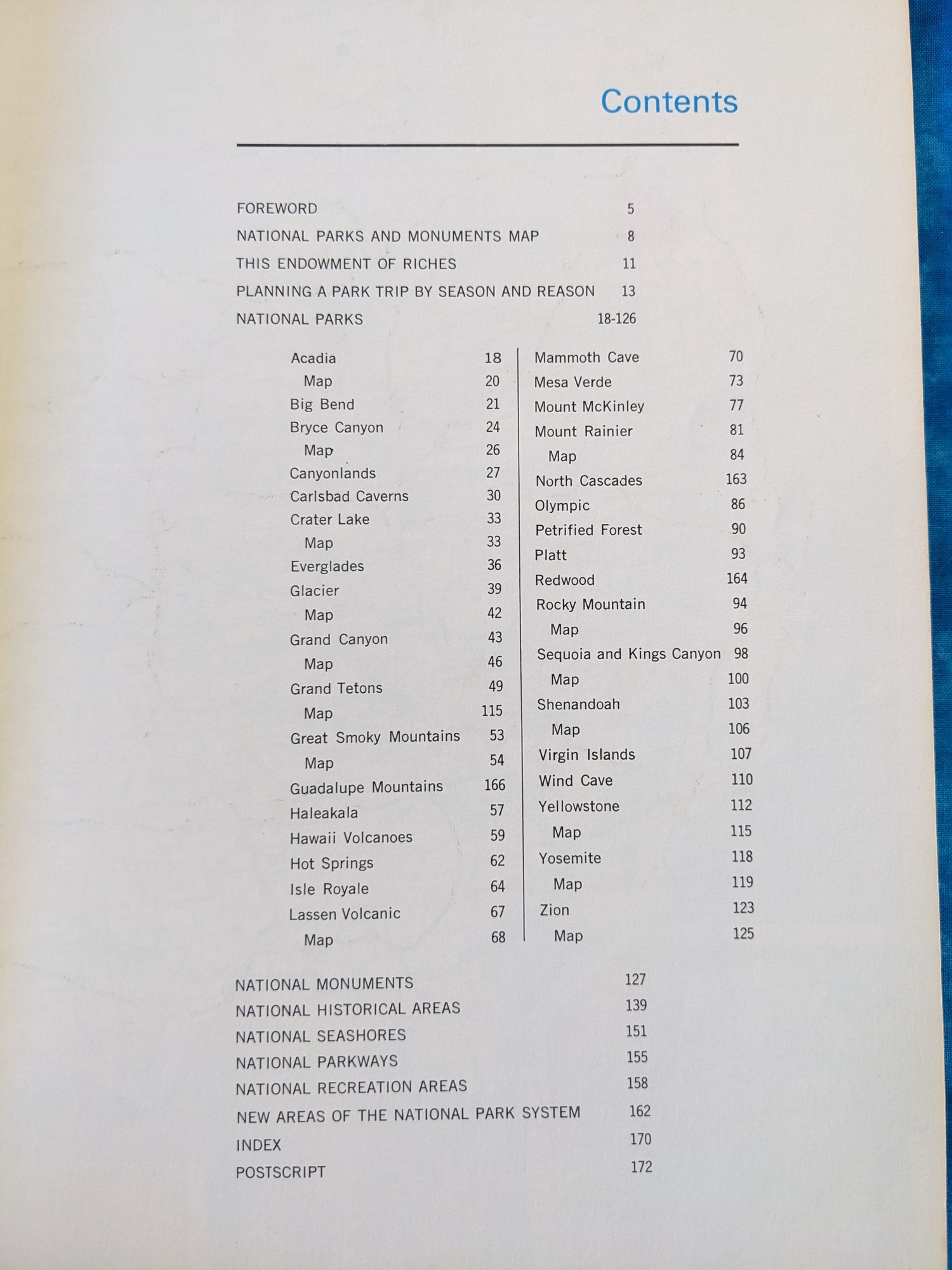 Rand McNally National Park Guide vintage book contents page