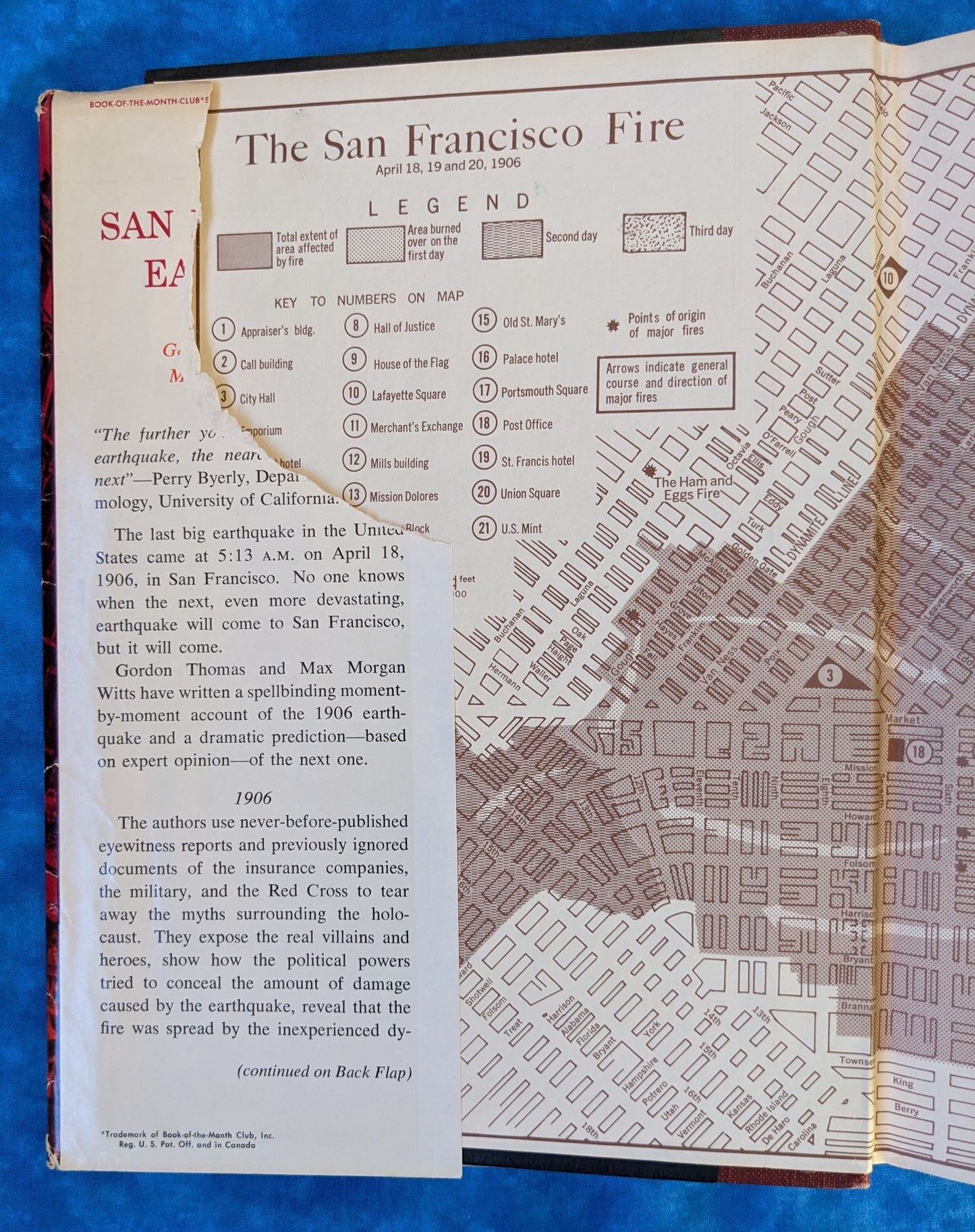 The San Francisco Earthquake vintage book front inside cover, with some damage to inside sleeve