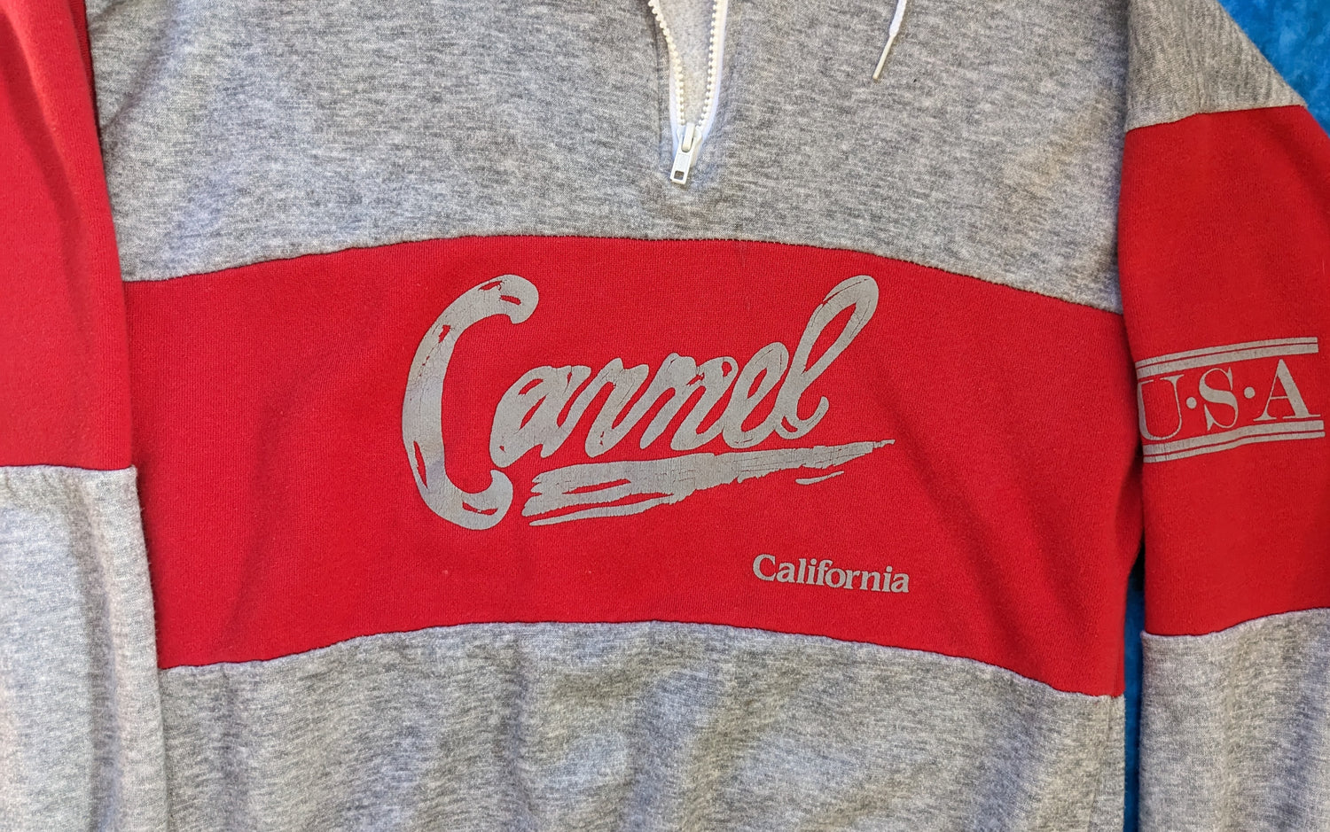 Red and gray Carmel USA pullover details